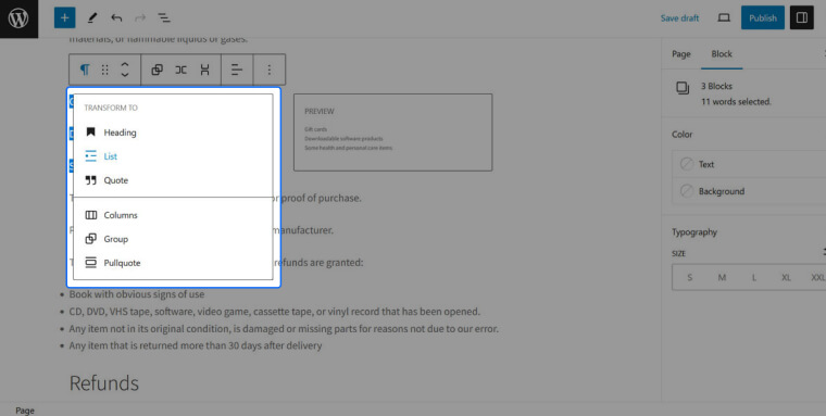 Screenshot of WordPress editor in which a block of text is highlighted and &lsquo;List&rsquo; is selected within the &lsquo;Transform To&rsquo; tab.