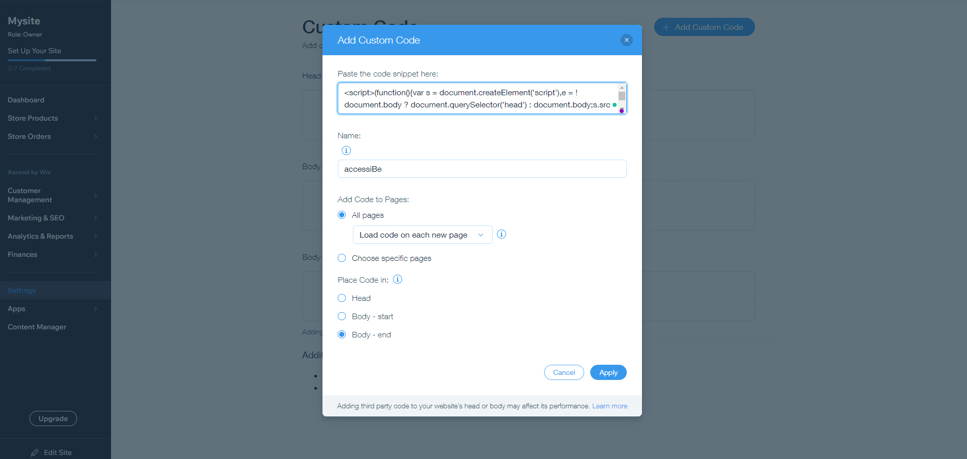 Screenshot of instruction